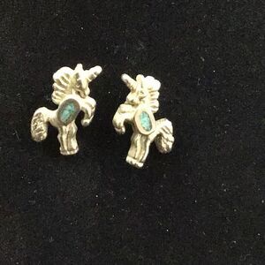 Earrings vintage silver tone and turquoise unicorn